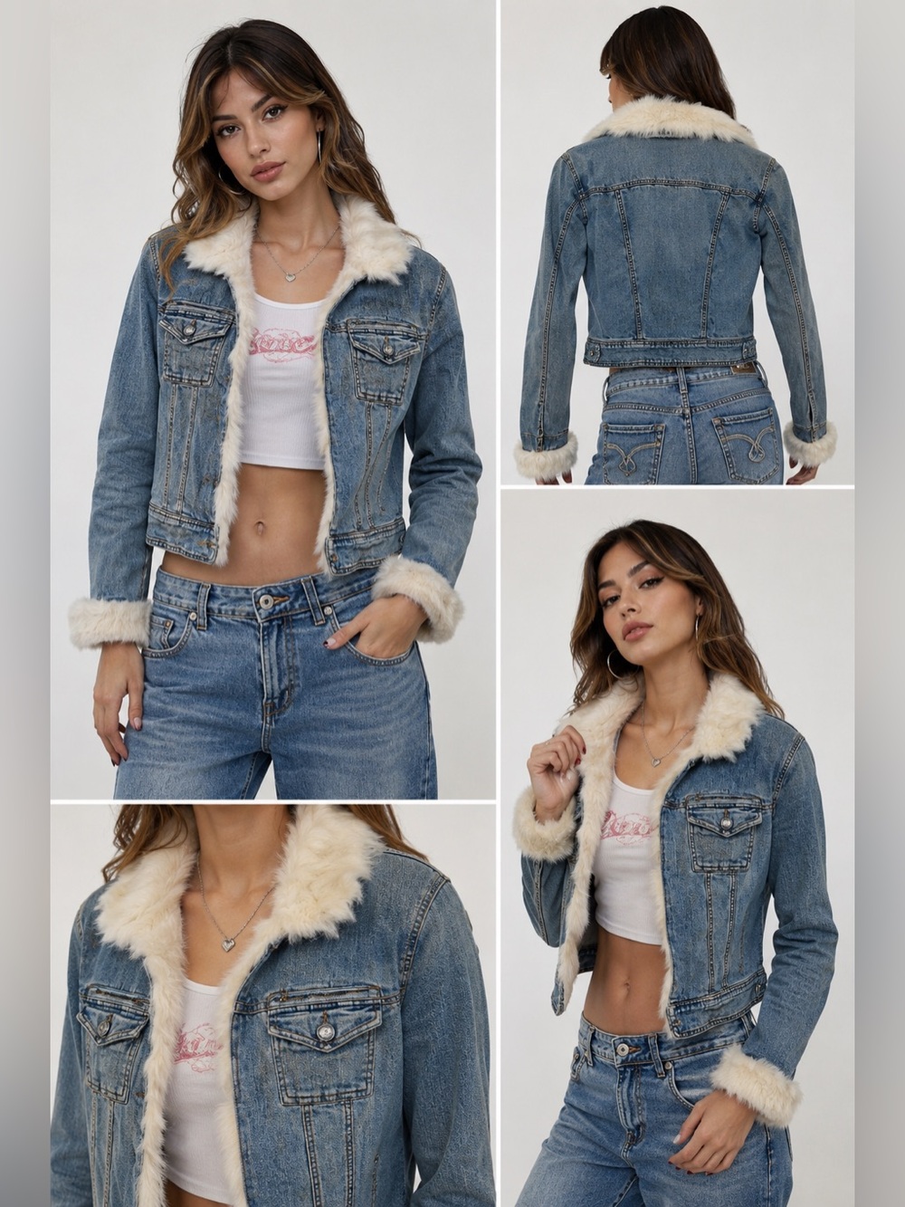 XOXO Y2K Faux Fur Trim Denim Jacket Small Cropped Sherpa Bratz Core Blue